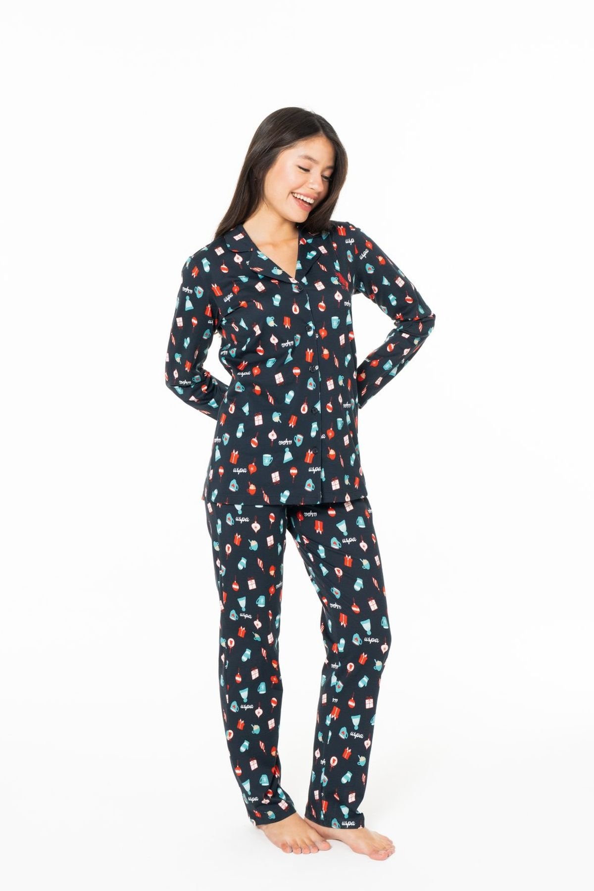 U.S. Polo Assn. 20166 Kadın Lacıvert V Yaka Uzun Kollu Pijama TakımıKadın Pijama TakımıU.S. Polo Assn.