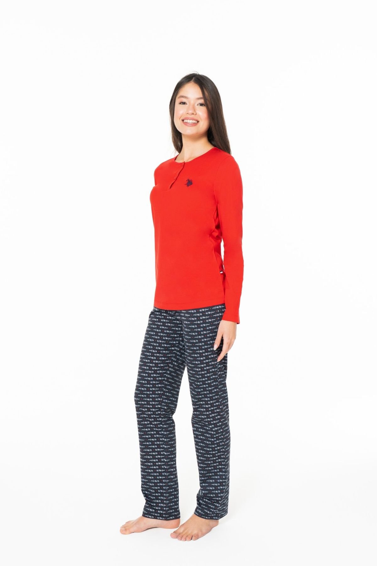 U.S. Polo Assn. 20146 Kadın Kırmızı Yuvarlak Yaka Uzun Kollu Pijama TakımıKadın Pijama TakımıU.S. Polo Assn.