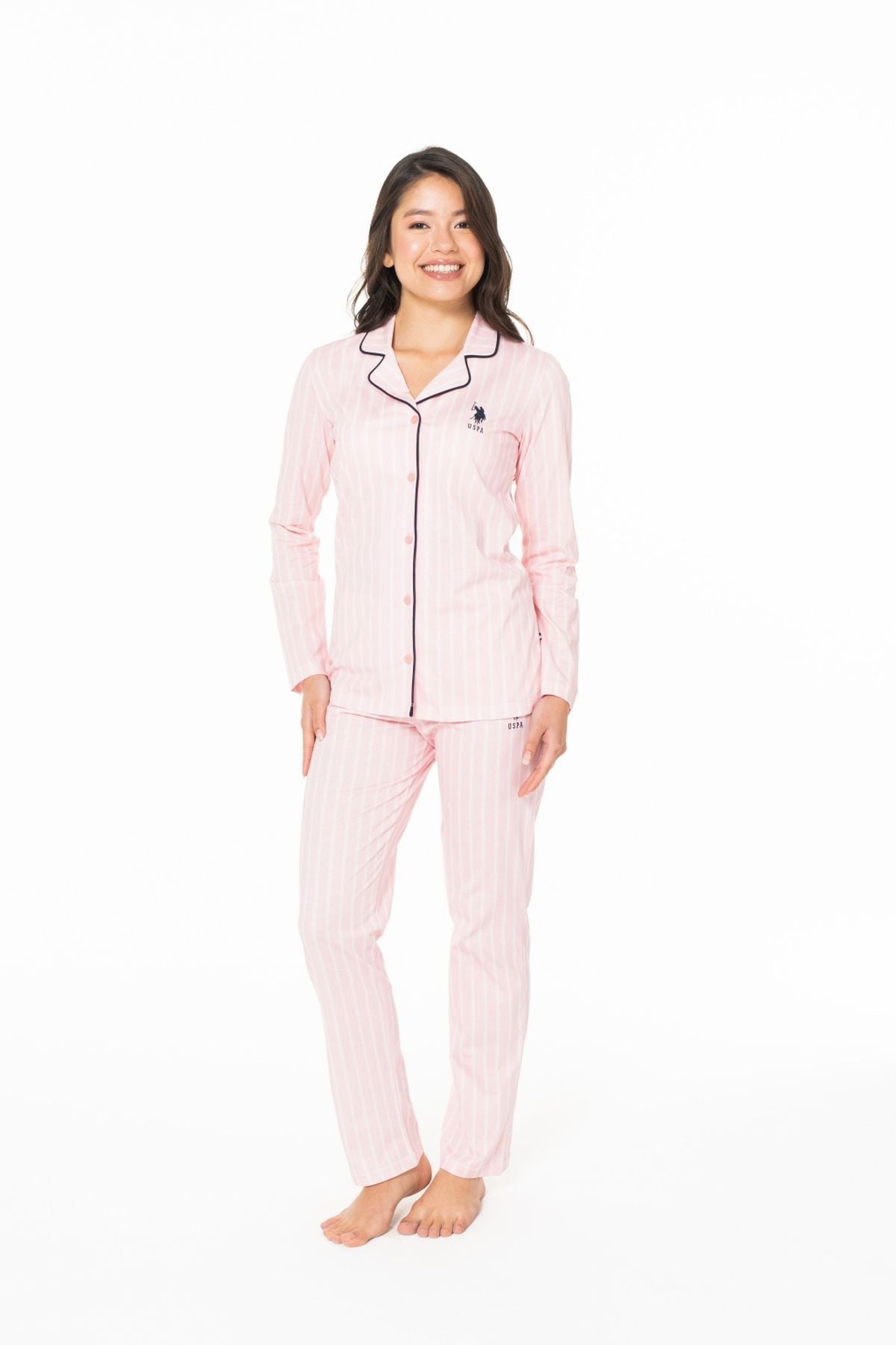 U.S. Polo Assn. 20138 Kadın Pembe V Yaka Uzun Kollu Çizgili Pijama TakımıKadın Pijama TakımıU.S. Polo Assn.