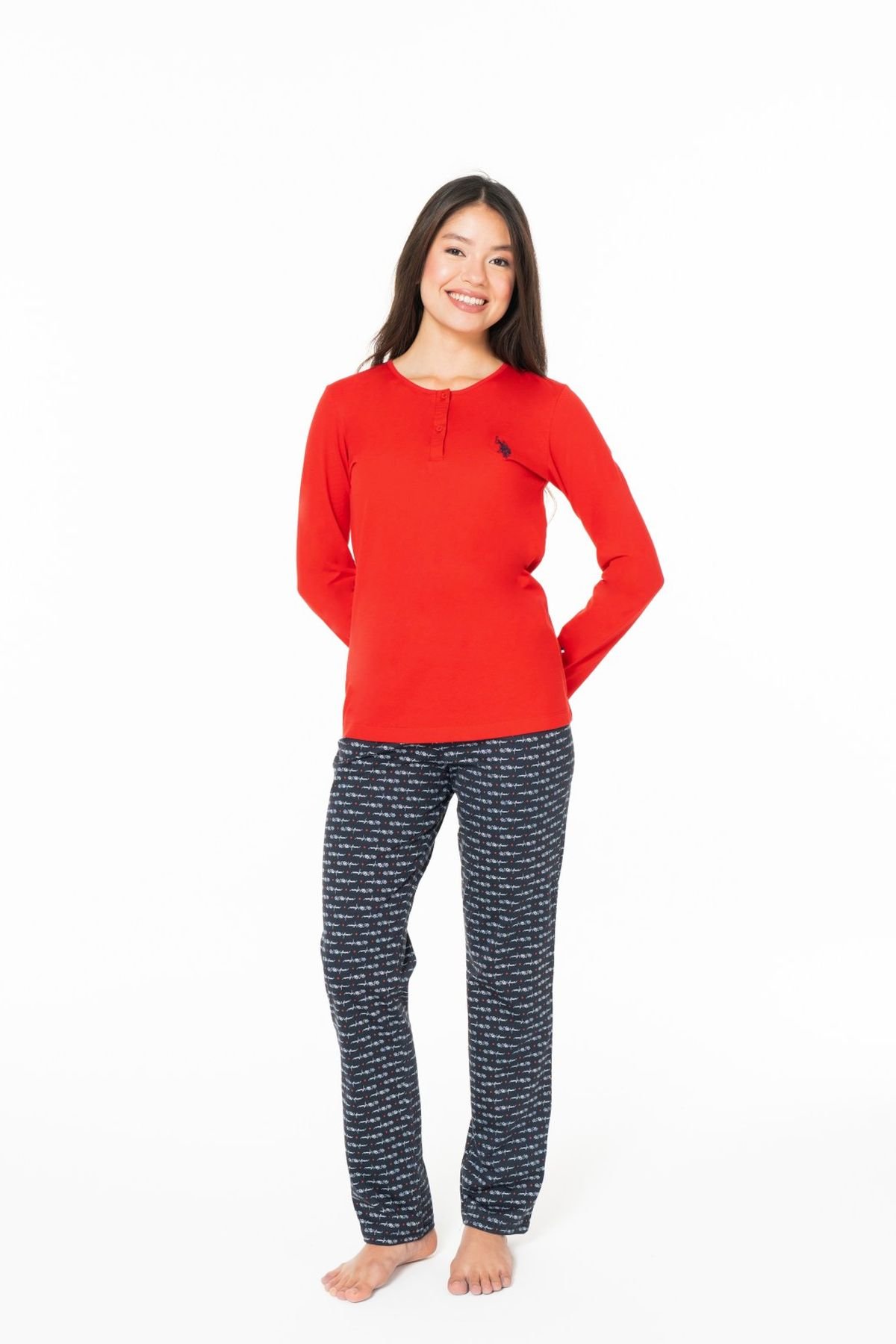 U.S. Polo Assn. 20146B Kadın Kırmızı Yuvarlak Yaka Uzun Kollu Pijama TakımıKadın Pijama TakımıU.S. Polo Assn.