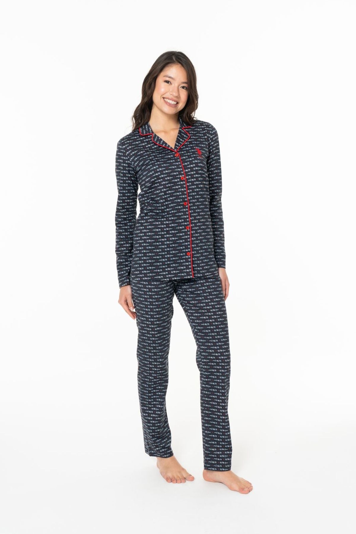 U.S. Polo Assn. 20144 Kadın Lacıvert V Yaka Uzun Kollu Çizgili Pijama TakımıKadın Pijama TakımıU.S. Polo Assn.