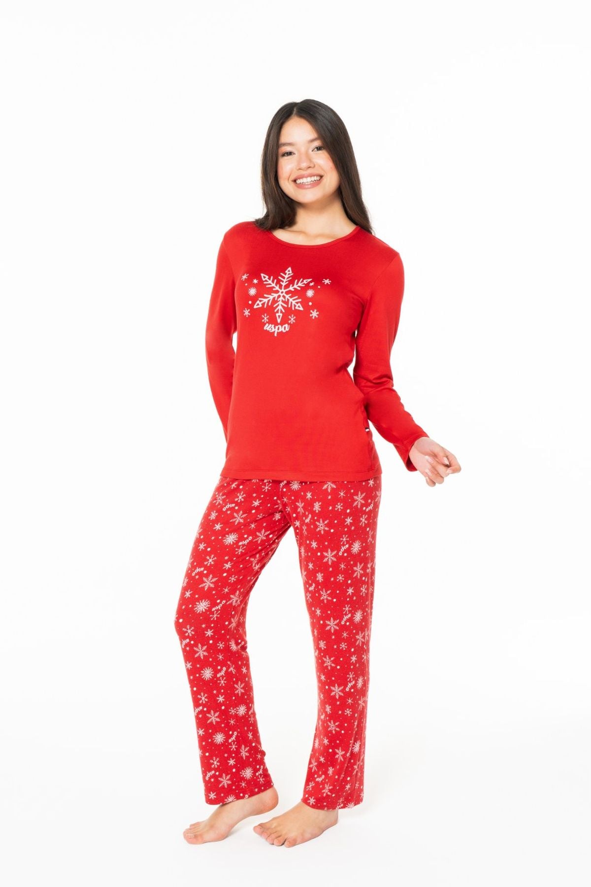 U.S. Polo Assn. 20151 Kadın Kırmızı Yuvarlak Yaka Uzun Kollu Pijama TakımıKadın Pijama TakımıU.S. Polo Assn.