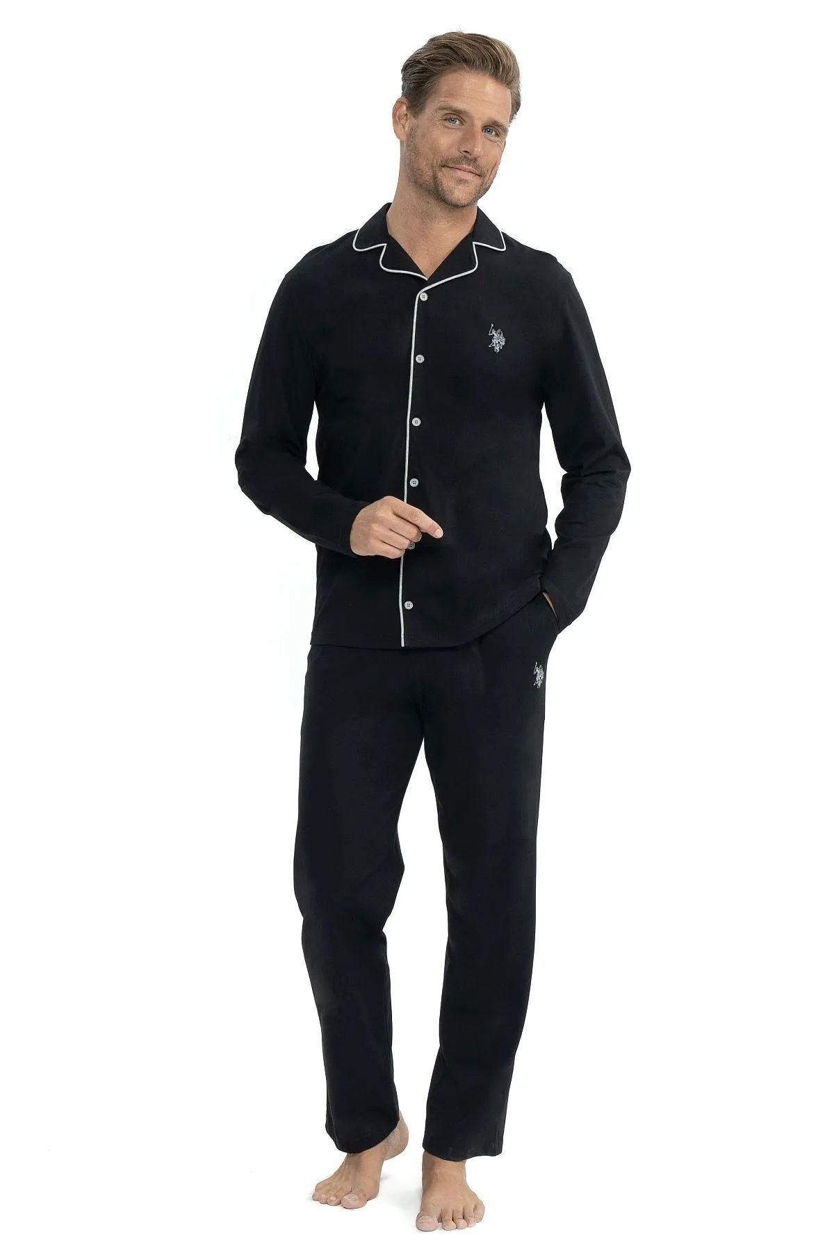 U.S. Polo Assn. 12039 Erkek Siyah Uzun Kollu Önden Düğmeli Gömlek Pijama TakımKadın Pijama TakımıU.S. Polo Assn.
