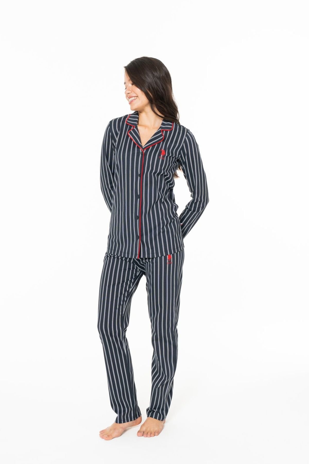 U.S. Polo Assn. 20138 Kadın Lacıvert V Yaka Uzun Kollu Çizgili Pijama TakımıKadın Pijama TakımıU.S. Polo Assn.