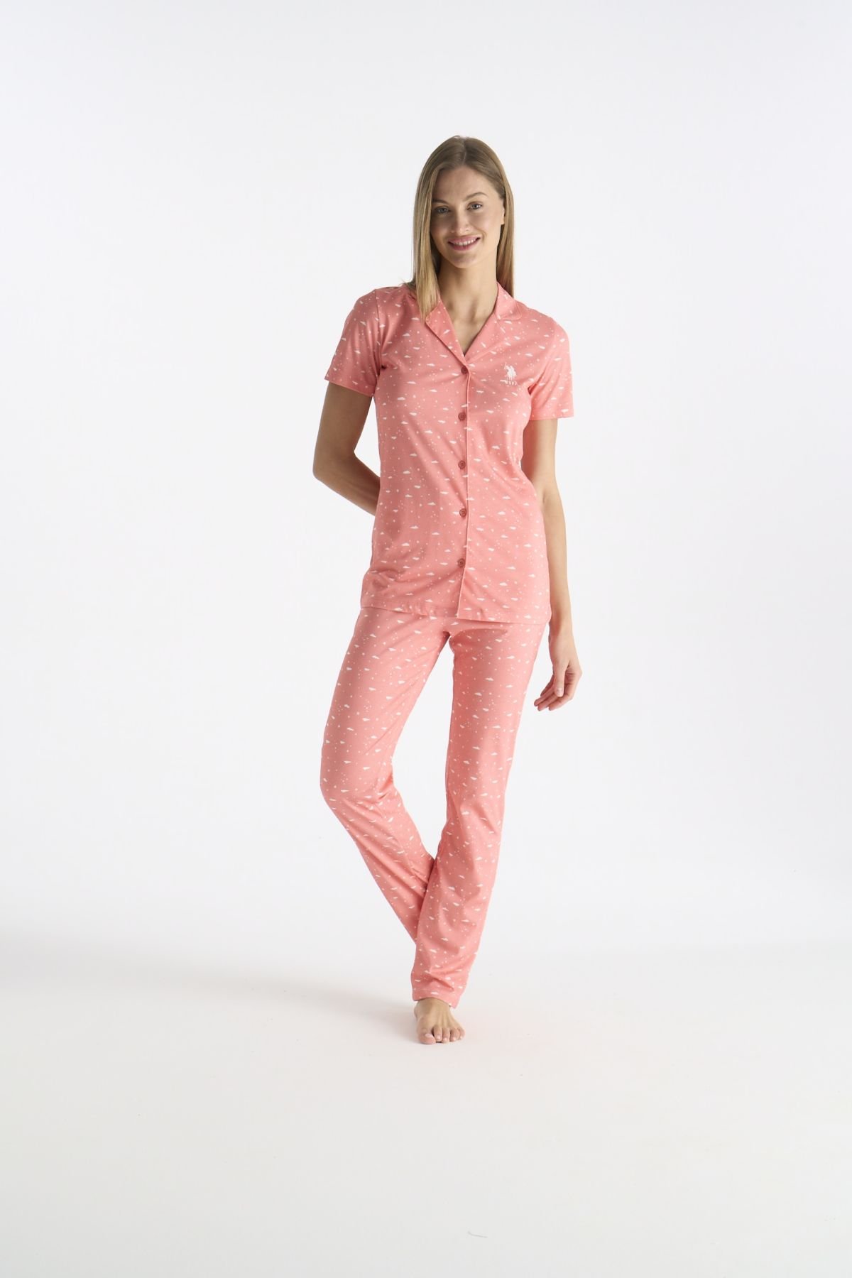 U.S. Polo Assn. 20233 Kadın Somon Kısa Kollu Gömlek Yaka Önden Düğmeli Pijama TakımıKadın Pijama TakımıU.S. Polo Assn.