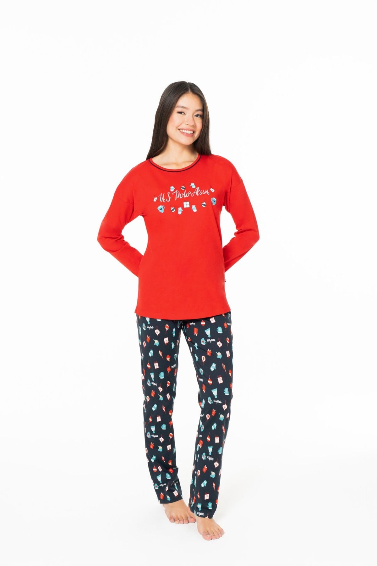 U.S. Polo Assn. 20167 Kadın Kırmızı Yuvarlak Yaka Uzun Kollu Pijama TakımıKadın Pijama TakımıU.S. Polo Assn.