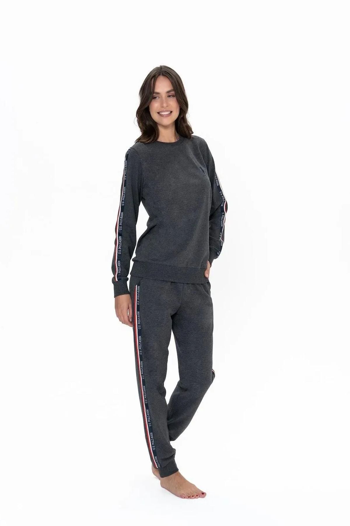 U.S. Polo Assn. 20113 Kadın Antrasıt Melanj Uzun Kollu Yuvarlak Yaka Pijama TakımıKadın Pijama TakımıU.S. Polo Assn.