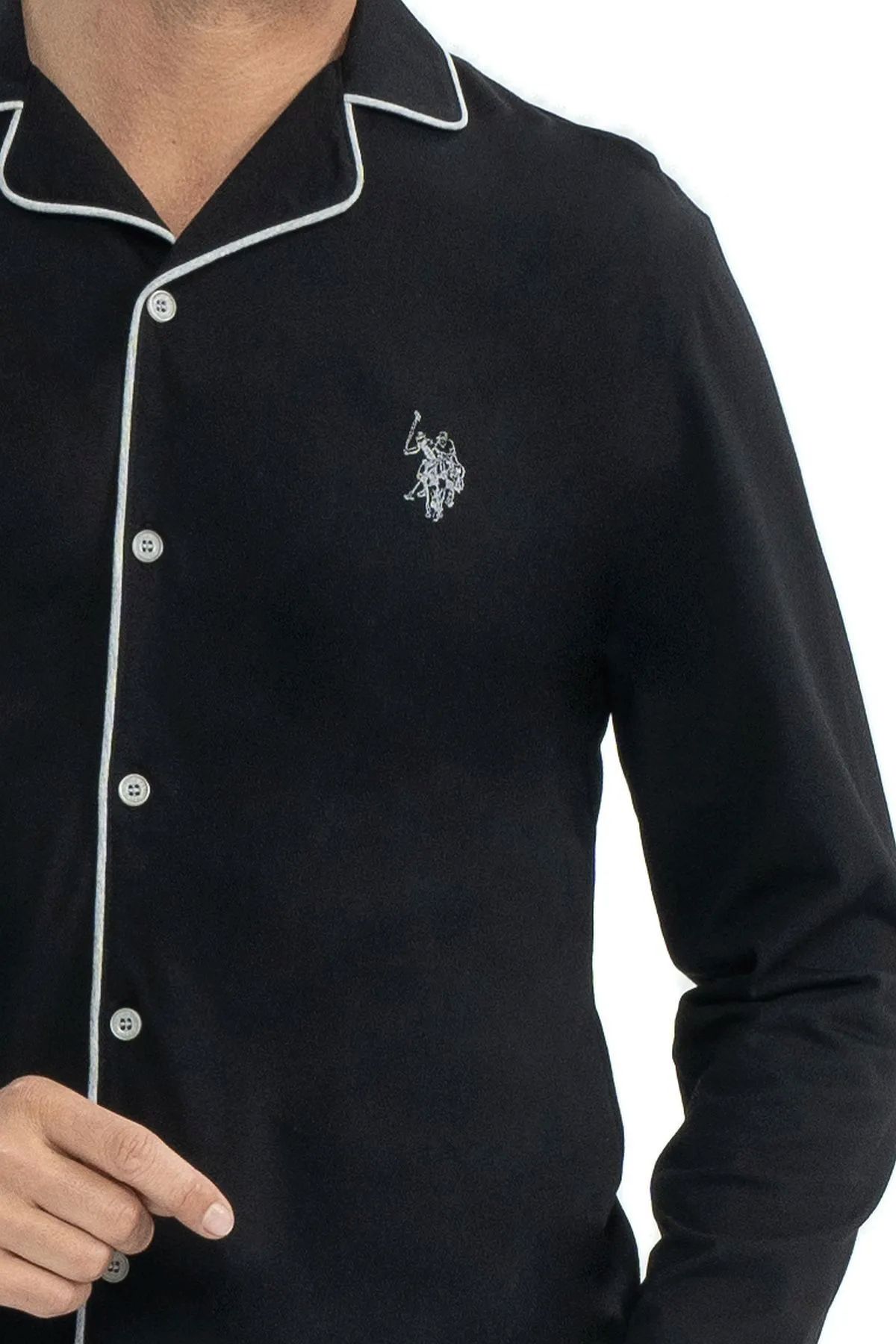 U.S. Polo Assn. 12039 Erkek Siyah Uzun Kollu Önden Düğmeli Gömlek Pijama TakımKadın Pijama TakımıU.S. Polo Assn.