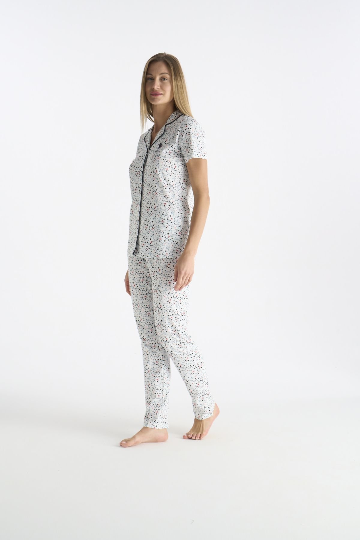 U.S. Polo Assn. 20237 Kadın Ekru Kısa Kollu Gömlek Yaka Önden Düğmeli Pijama TakımıKadın Pijama TakımıU.S. Polo Assn.