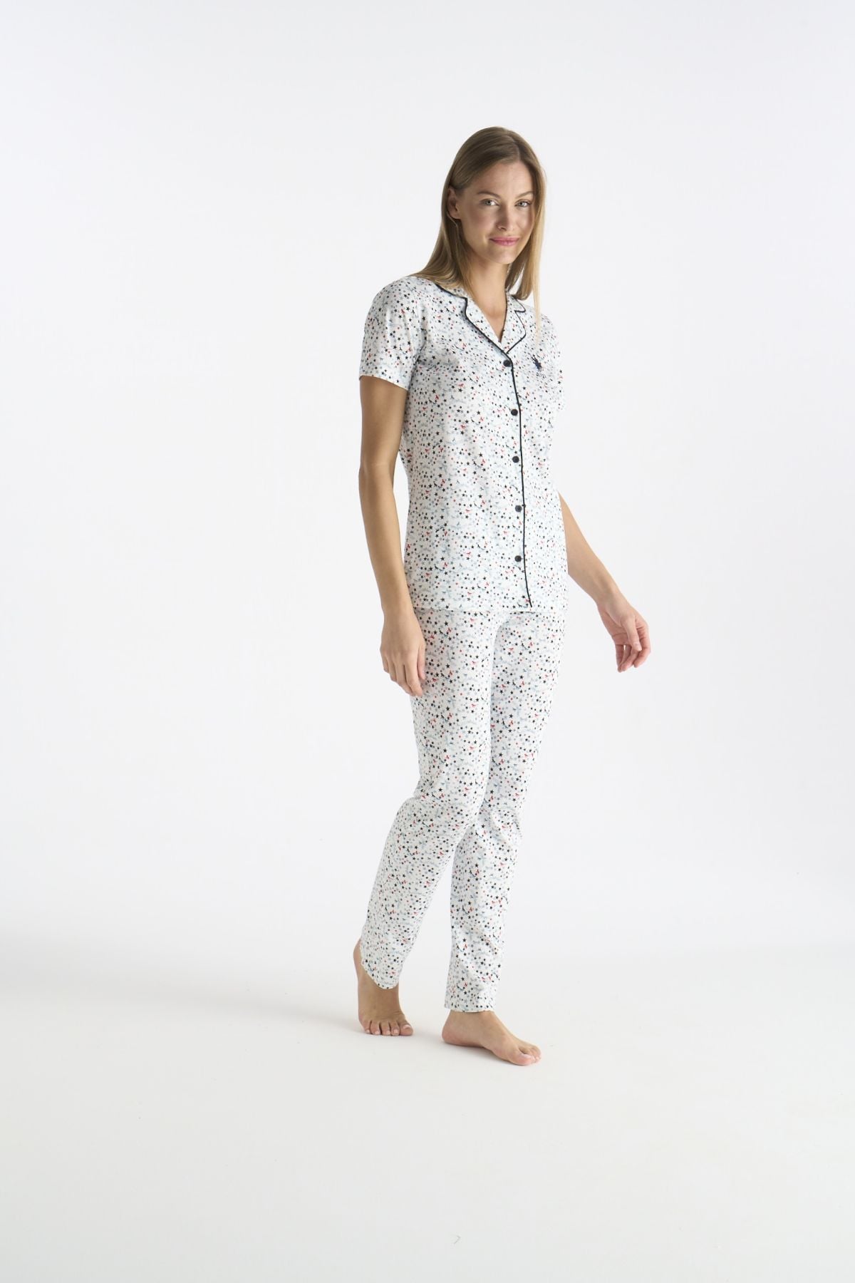 U.S. Polo Assn. 20237 Kadın Ekru Kısa Kollu Gömlek Yaka Önden Düğmeli Pijama TakımıKadın Pijama TakımıU.S. Polo Assn.