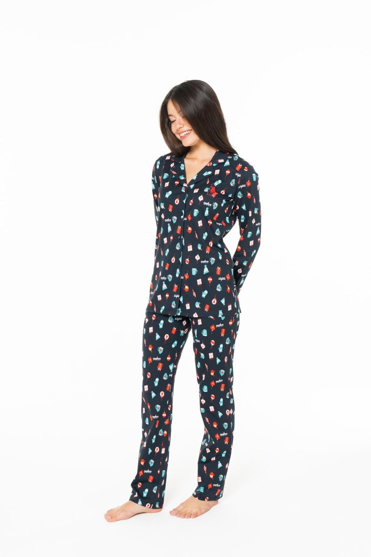 U.S. Polo Assn. 20166 Kadın Lacıvert V Yaka Uzun Kollu Pijama TakımıKadın Pijama TakımıU.S. Polo Assn.