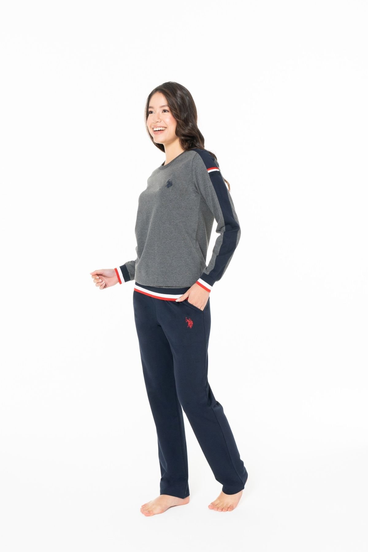 U.S. Polo Assn. 20116B Kadın Antrasıt Melanj Yuvarlak Yaka Uzun Kollu Pijama TakımıKadın Pijama TakımıU.S. Polo Assn.