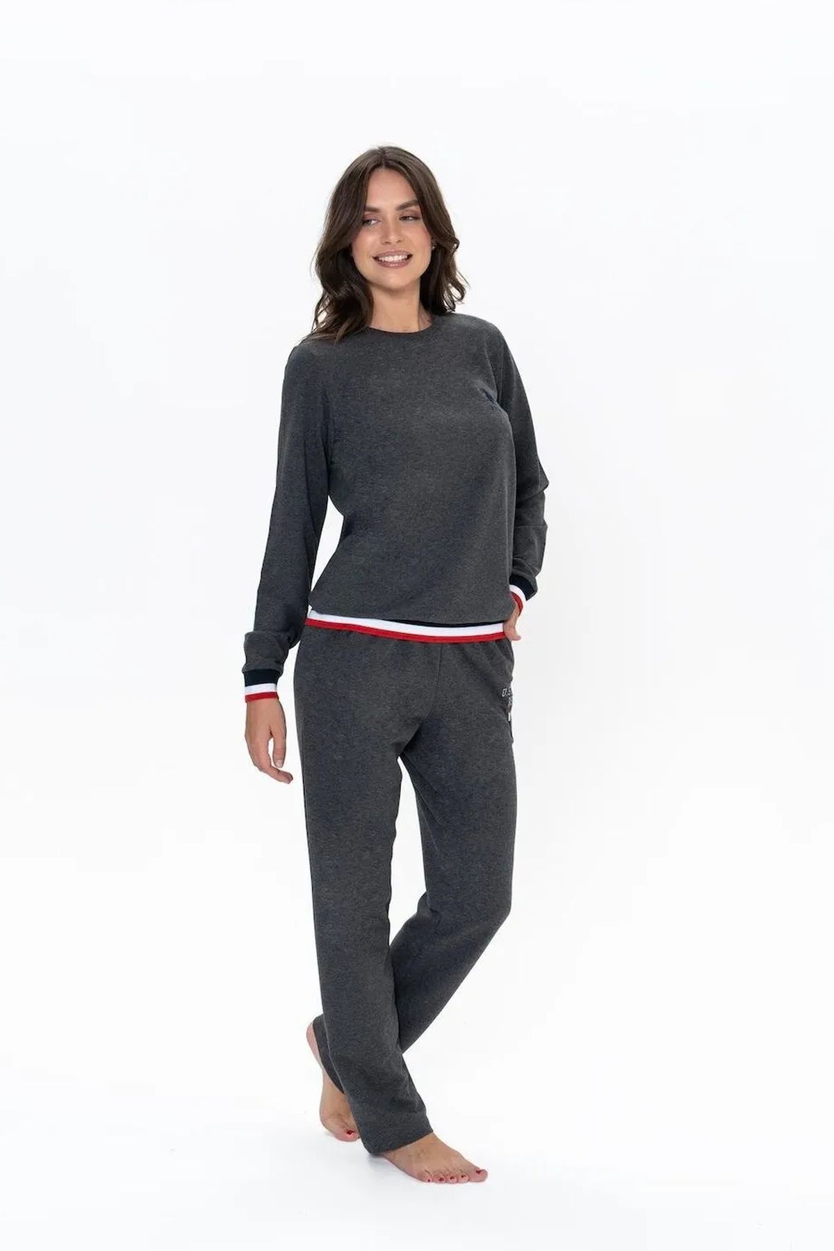 U.S. Polo Assn. 20110 Kadın Antrasıt Melanj Uzun Kollu Yuvarlak Yaka Pijama TakımıKadın Pijama TakımıU.S. Polo Assn.