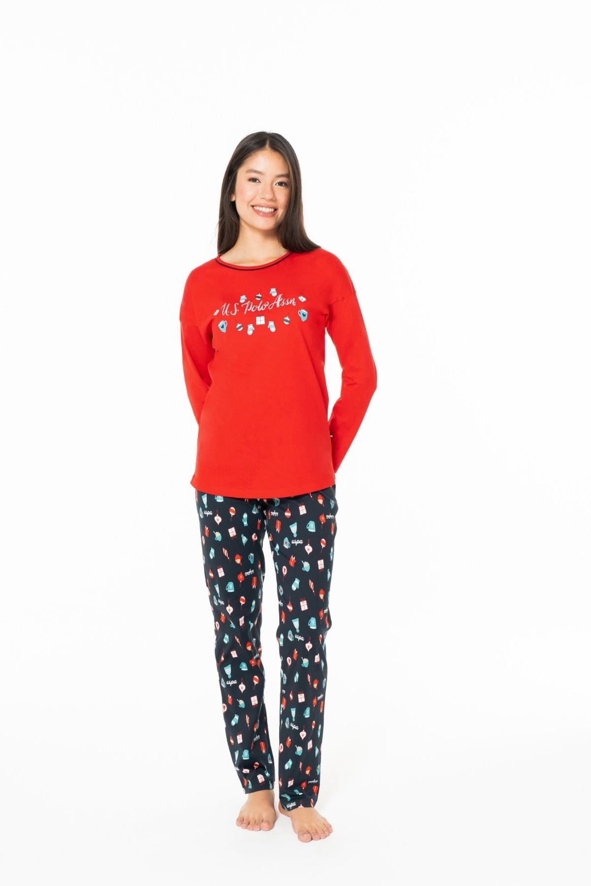 U.S. Polo Assn. 20167 Kadın Kırmızı Yuvarlak Yaka Uzun Kollu Pijama TakımıKadın Pijama TakımıU.S. Polo Assn.