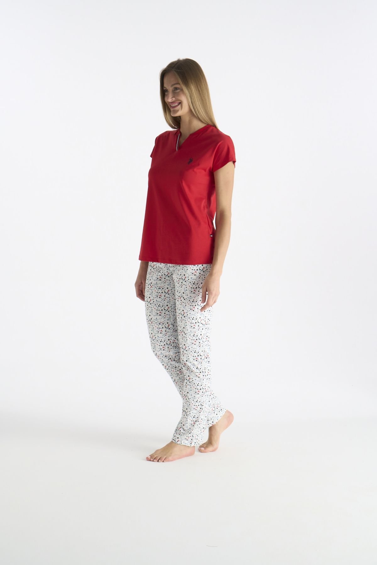 U.S. Polo Assn. 20235 Kadın Kırmızı Kısa Kollu Patlı Pijama TakımıKadın Pijama TakımıU.S. Polo Assn.