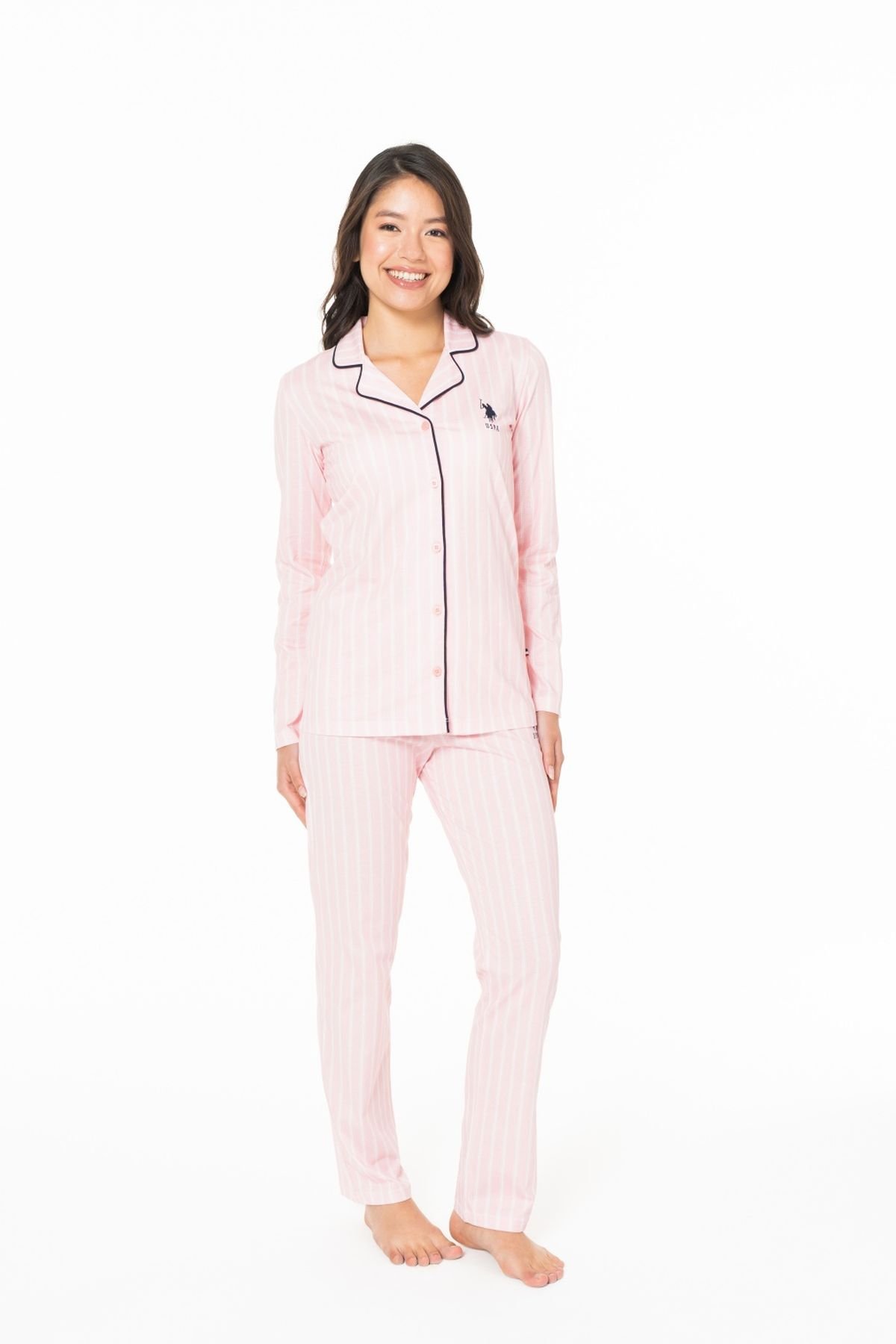 U.S. Polo Assn. 20138 Kadın Pembe V Yaka Uzun Kollu Çizgili Pijama TakımıKadın Pijama TakımıU.S. Polo Assn.