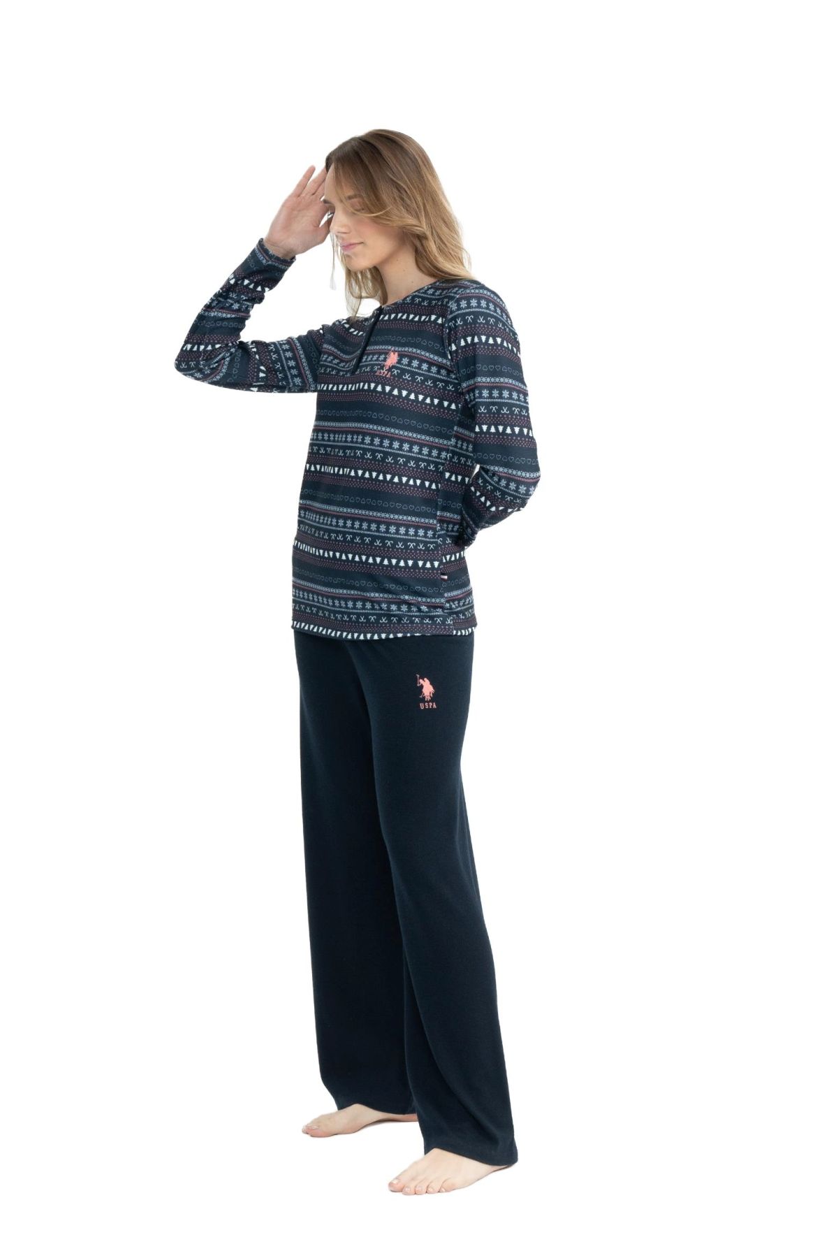 U.S. Polo Assn. 17113 Kadın Lacivert Uzun Kollu Yuvarlak Yaka Patlı Pijama TakımKadın Pijama TakımıU.S. Polo Assn.