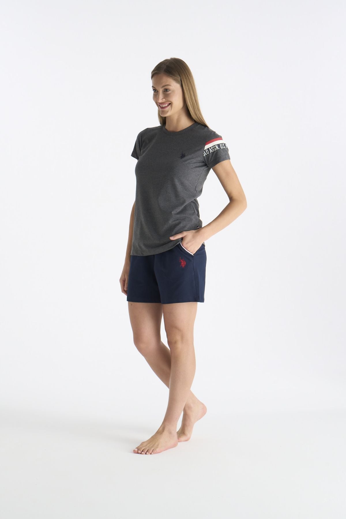 U.S. Polo Assn. 20190 Kadın Antrasıt Melanj Kısa Kollu Yuvarlak Yaka Şort TakımKadın Şortlu TakımU.S. Polo Assn.