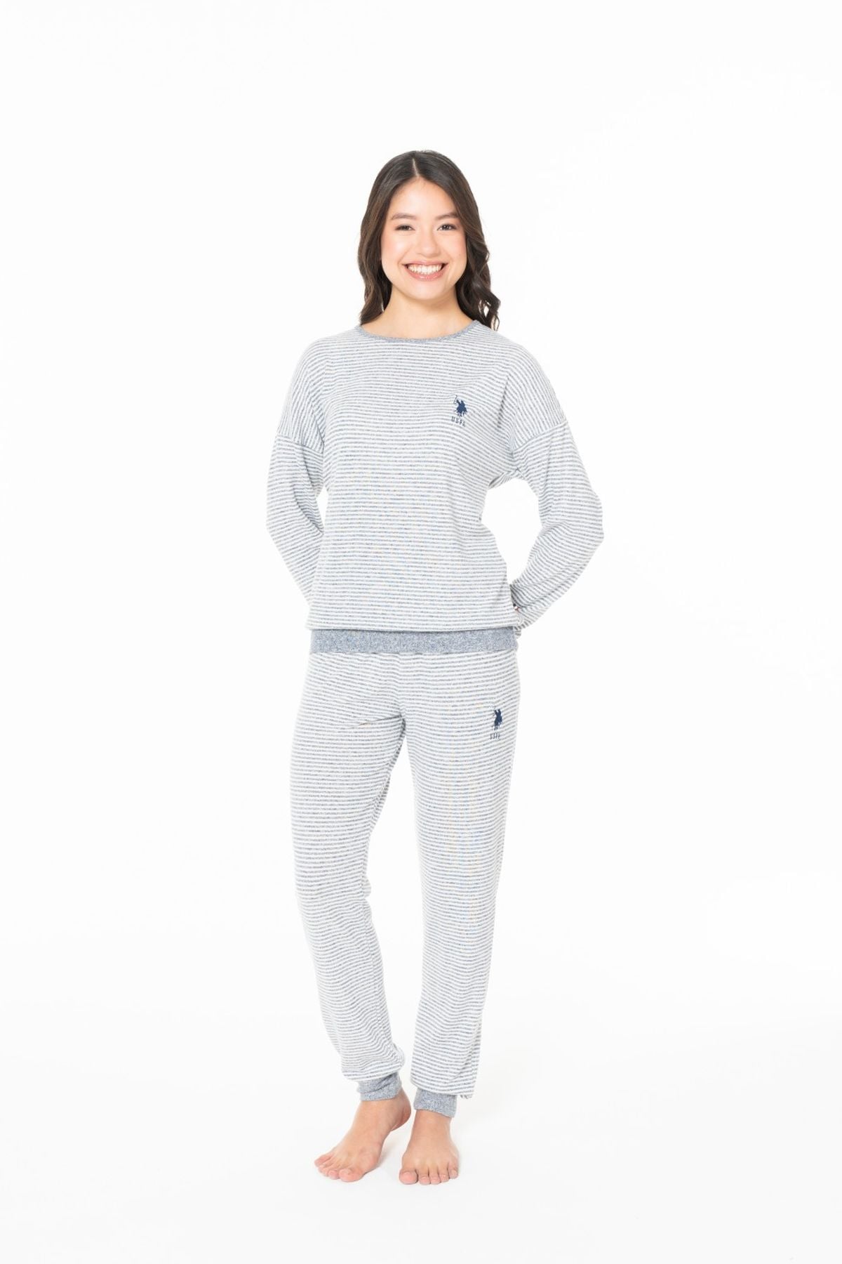 U.S. Polo Assn. 20128 Kadın Lacıvert Melanj Yuvarlak Yaka Uzun Kollu Pijama TakımıKadın Pijama TakımıU.S. Polo Assn.