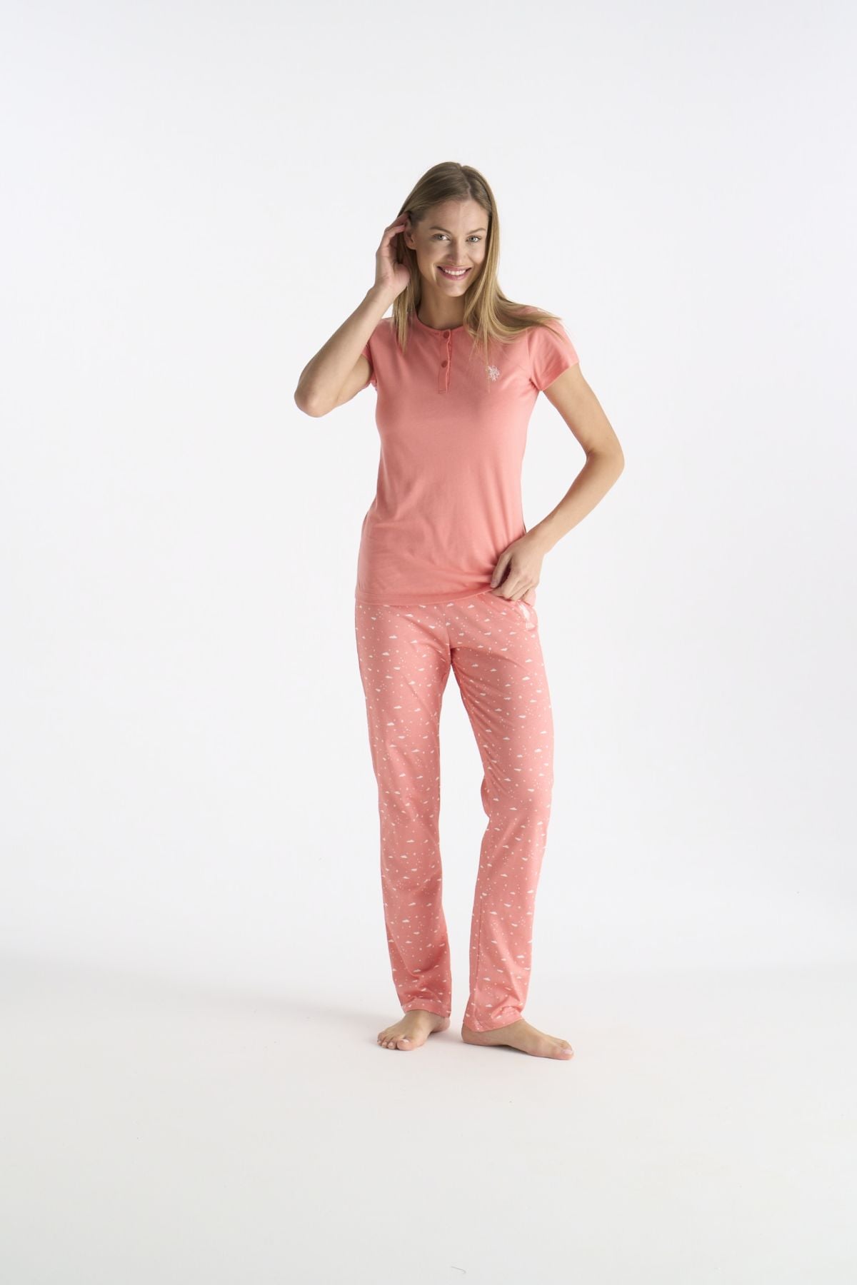U.S. Polo Assn. 20231 Kadın Somon Kısa Kollu Yarım Patlı Pijama TakımıKadın Pijama TakımıU.S. Polo Assn.