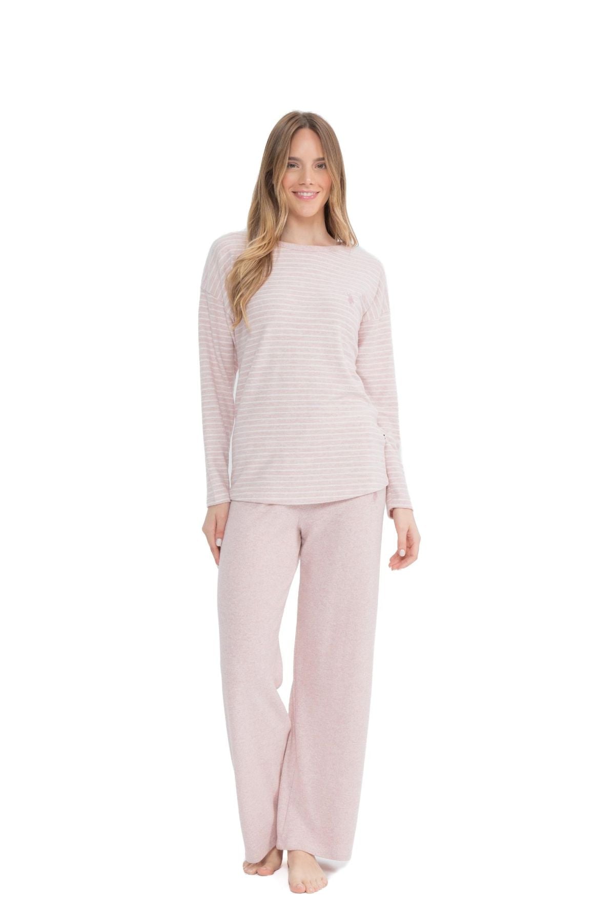 U.S. Polo Assn. 17083 Kadın Pembe Melanj Uzun Kollu Yuvarlak Yaka Pijama TakımKadın Pijama TakımıU.S. Polo Assn.