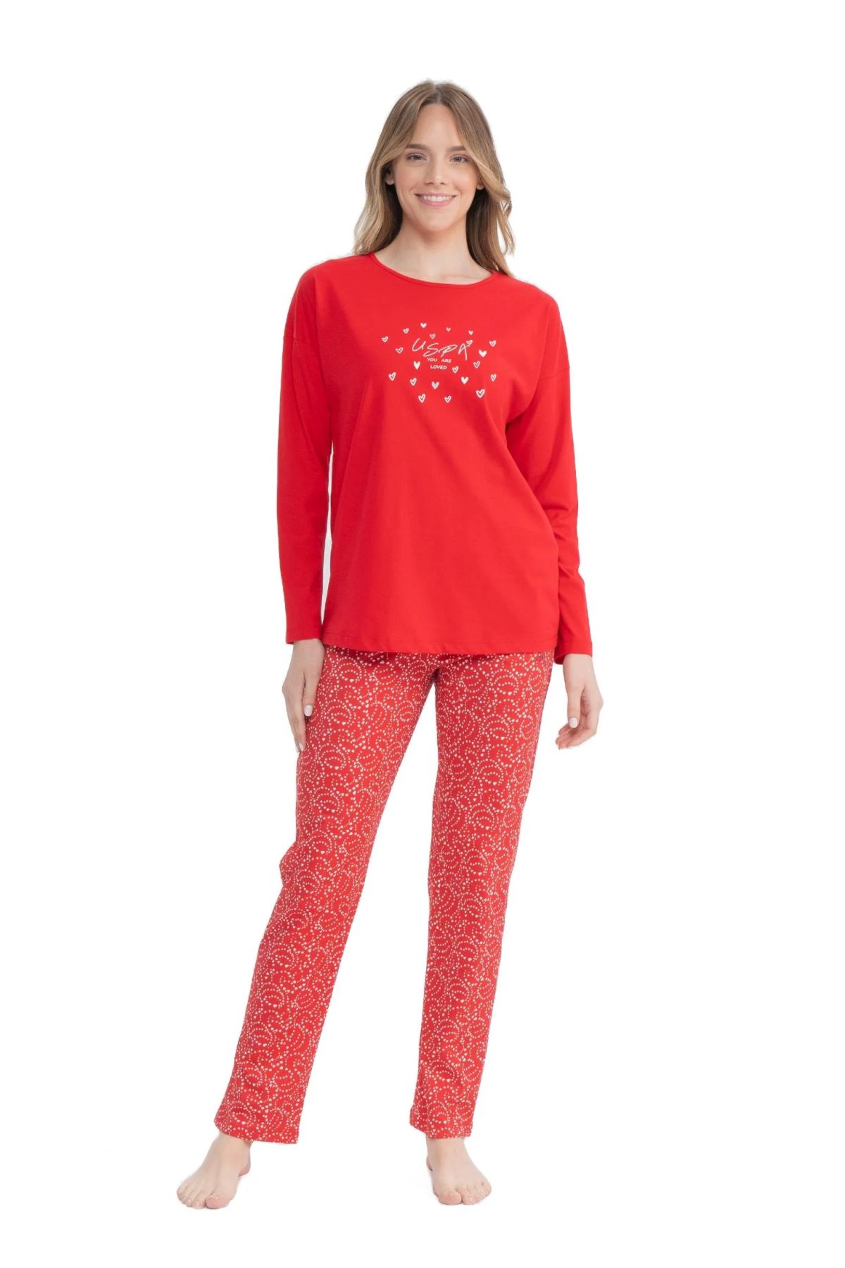 U.S. Polo Assn. 17116 Kadın Kırmızı Uzun Kollu Yuvarlak Yaka Pijama TakımKadın Pijama TakımıU.S. Polo Assn.