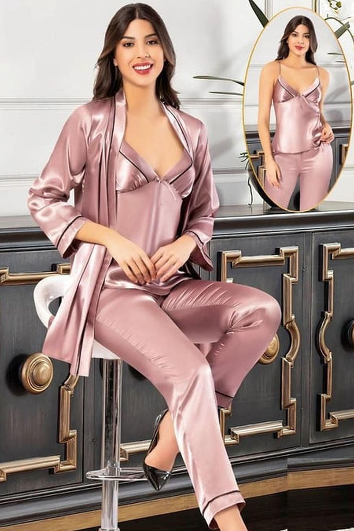 Xses 2101 Kadın Vızon Saten Sabahlıklı Pijama TakımKadın Sabahlıklı Pijama TakımıXses