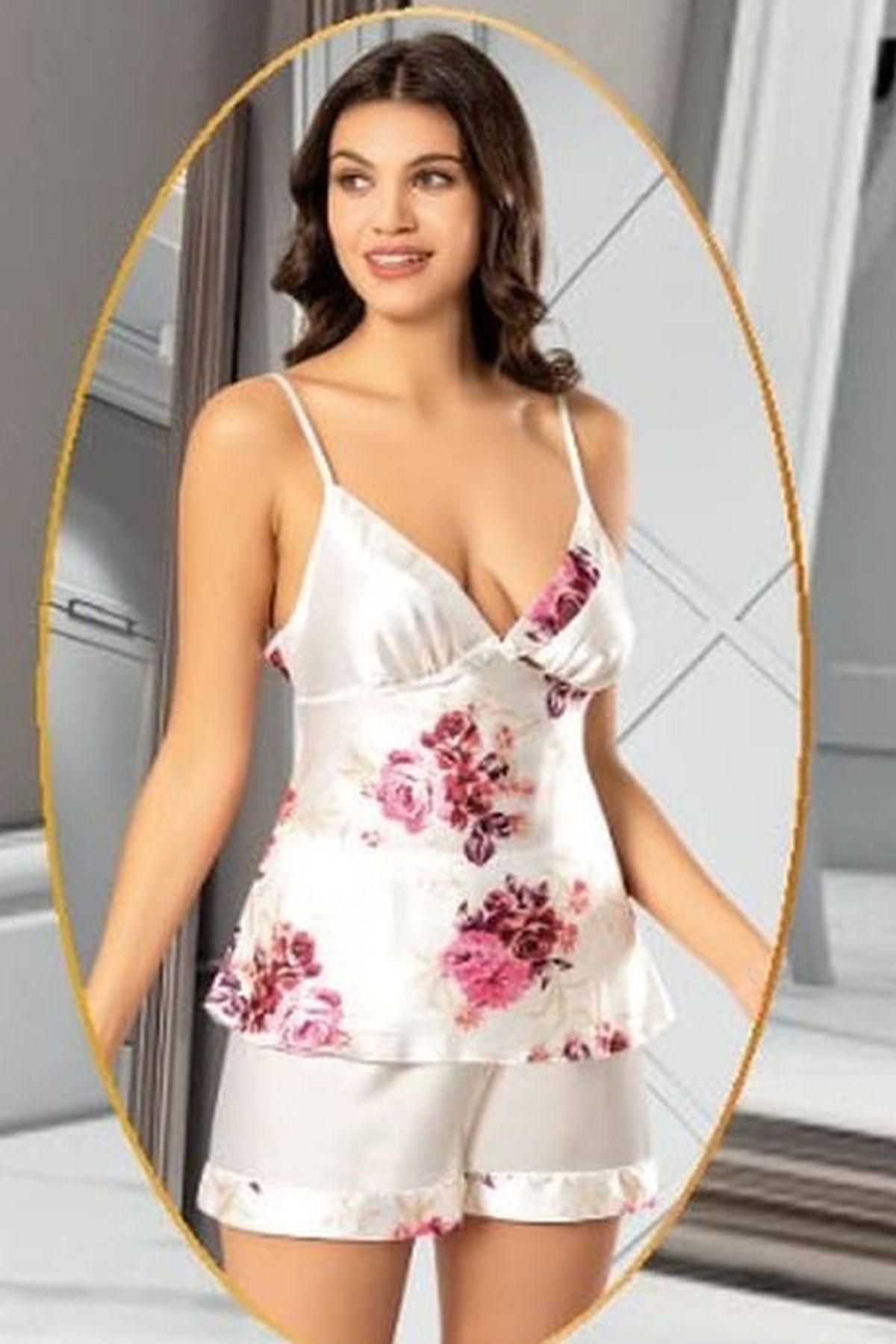 Xses 2155 Kadın Gulkurusu Saten Empirme Sabahlıklı 4'Lü Pijama TakımSetlerXses