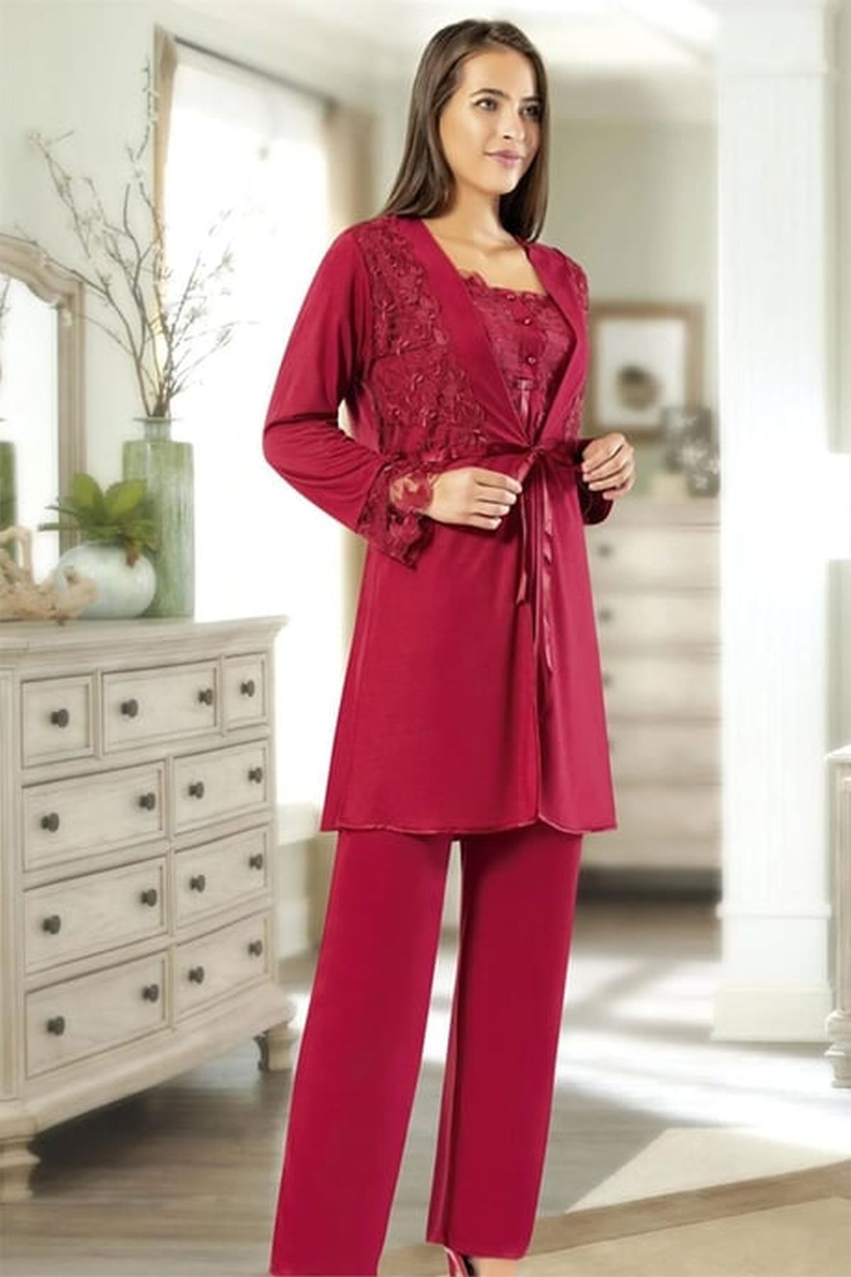 Xses 2195 Kadın Bordo Hamile Lohusa Sabahlıklı Uzun Kollu Pijama TakımSabahlıklı Lohusa Pijama TakımlarıXses