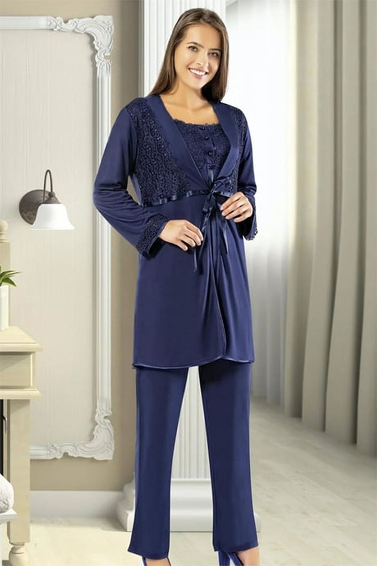 Xses 2195 Kadın Lacıvert Hamile Lohusa Sabahlıklı Uzun Kollu Pijama TakımSabahlıklı Lohusa Pijama TakımlarıXses