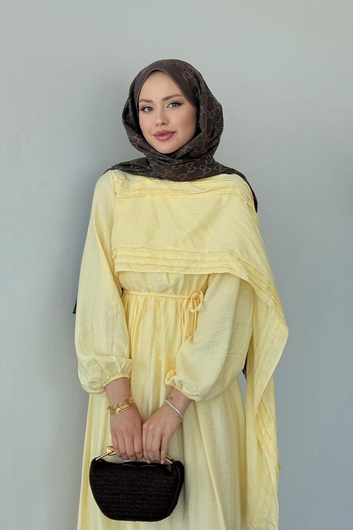  Havva Şal Detaylı Elbise Sarı, Fiyatları Havva Şal Detaylı Elbise Sarı- Haza Moda