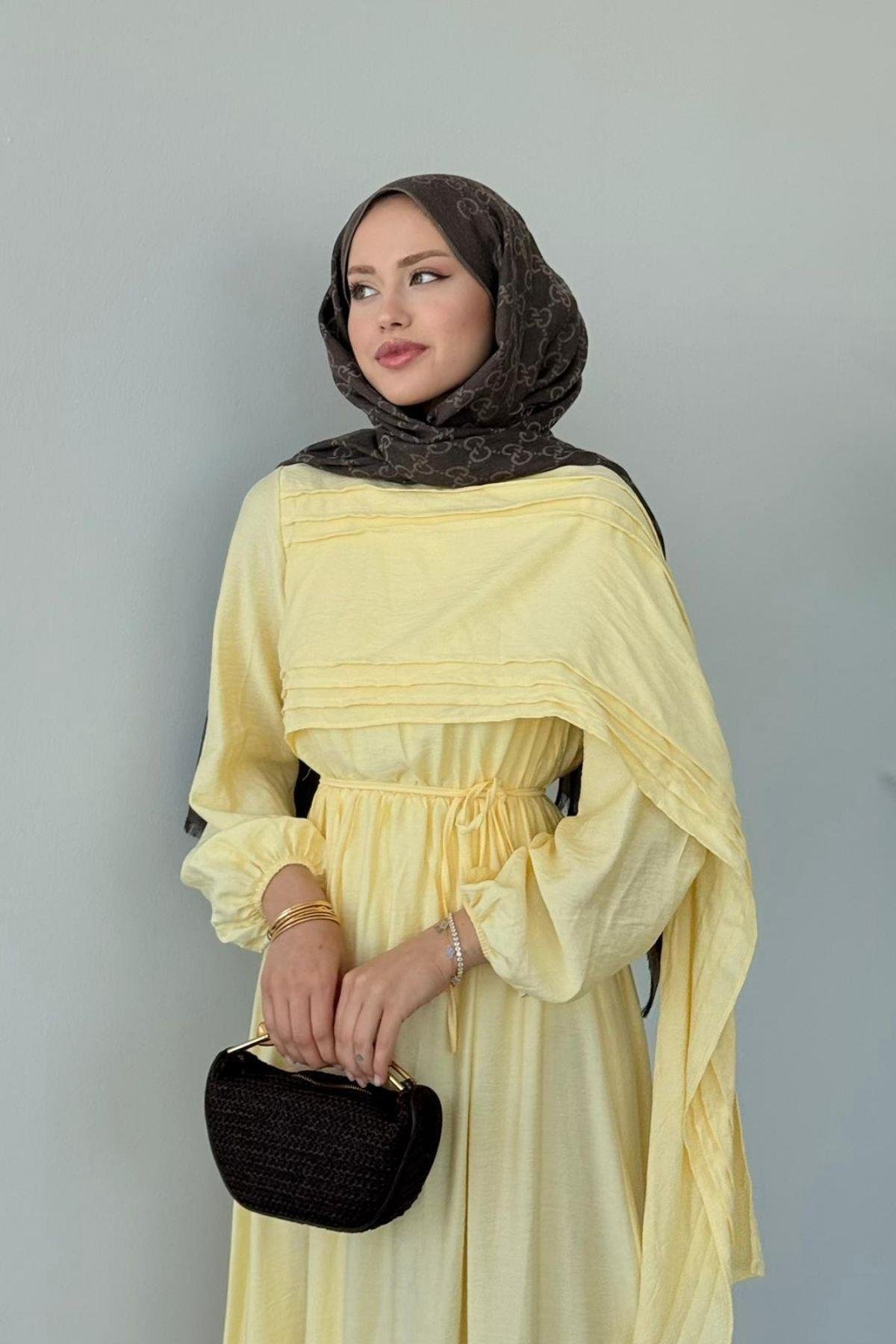  Havva Şal Detaylı Elbise Sarı, Fiyatları Havva Şal Detaylı Elbise Sarı- Haza Moda