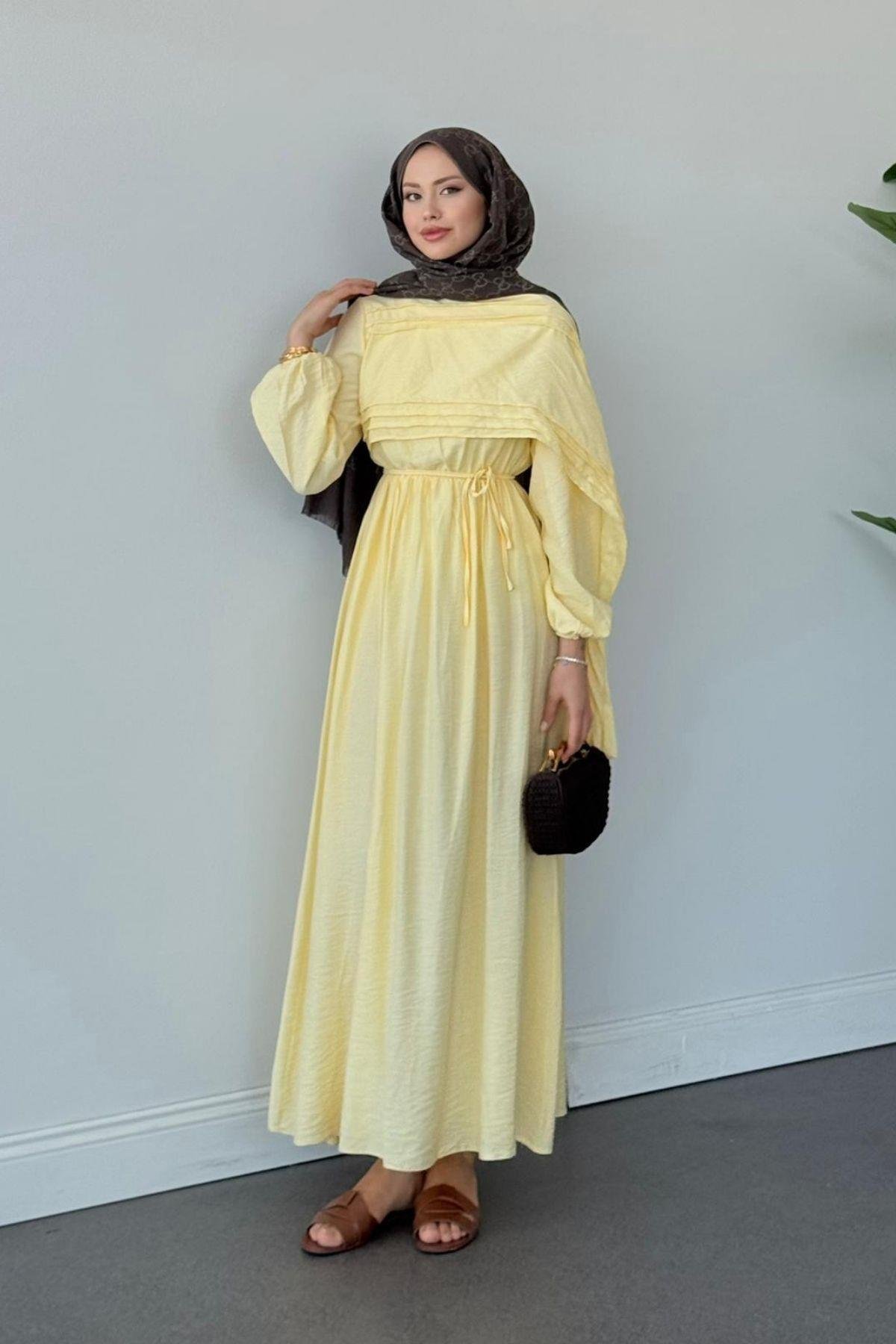  Havva Şal Detaylı Elbise Sarı, Fiyatları Havva Şal Detaylı Elbise Sarı- Haza Moda