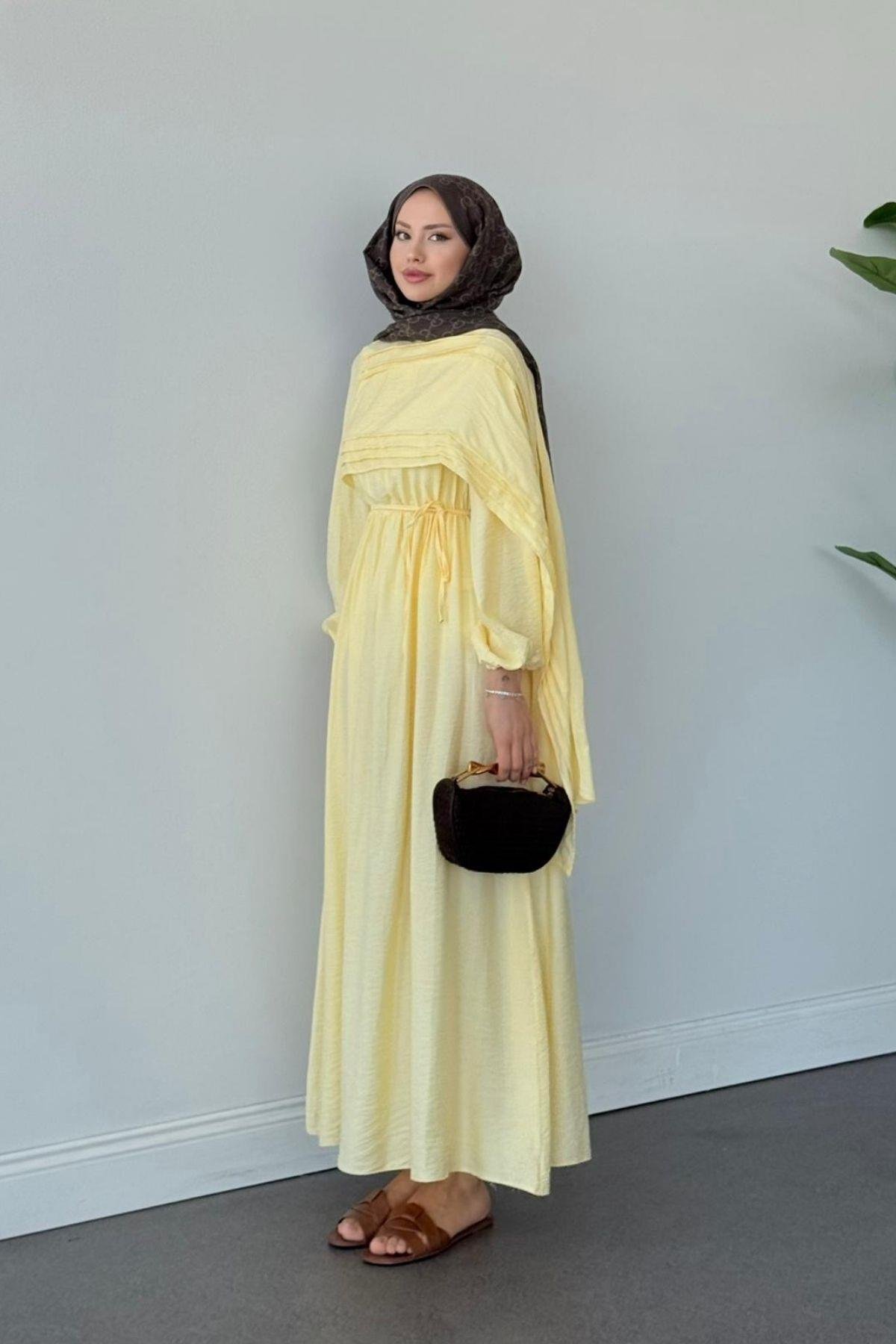  Havva Şal Detaylı Elbise Sarı, Fiyatları Havva Şal Detaylı Elbise Sarı- Haza Moda