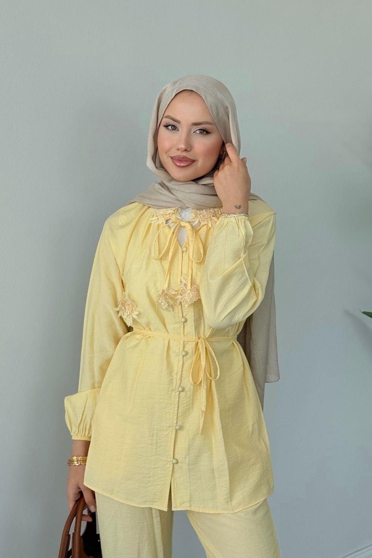  Sedef Pantolonlu Takım Sarı, Fiyatları  Sedef Pantolonlu Takım Sarı- Haza Moda