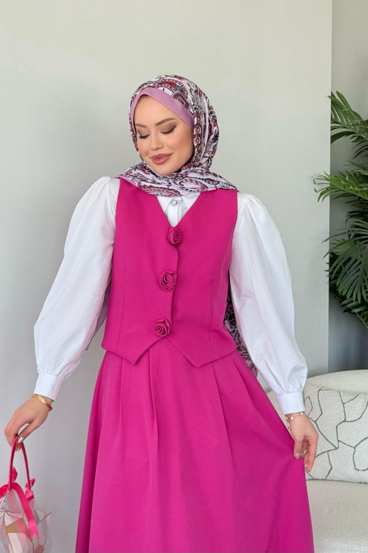  Venedik Etekli Takım Fuşya, Fiyatları  Venedik Etekli Takım Fuşya- Haza Moda 