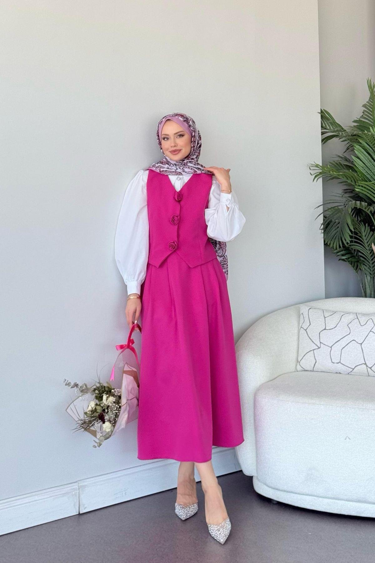  Venedik Etekli Takım Fuşya, Fiyatları  Venedik Etekli Takım Fuşya- Haza Moda 