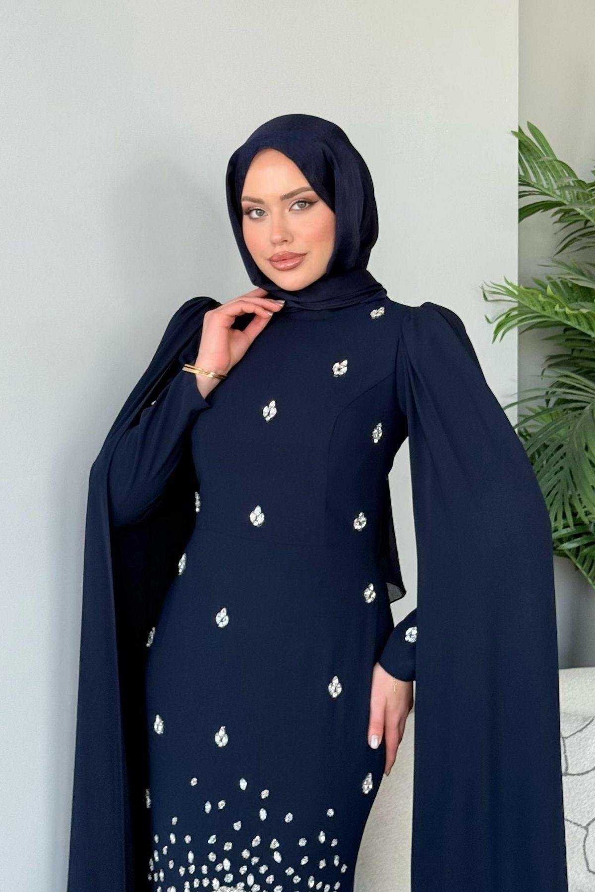 Adriana Taş İşleme Abiye Lacivert, Fiyatları Adriana Taş İşleme Abiye Lacivert- Haza Moda 