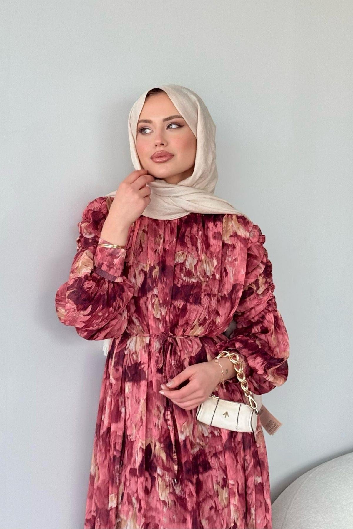 Aheste Desenli Elbise Bordo, Fiyatları Aheste Desenli Elbise Bordo- Haza Moda 