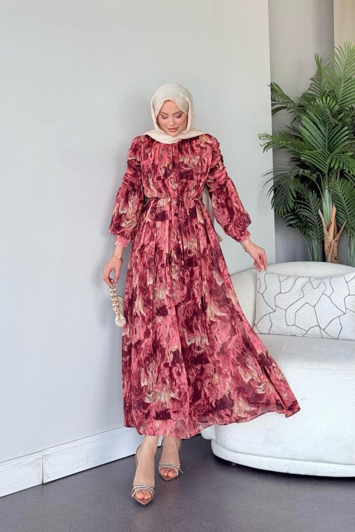 Aheste Desenli Elbise Bordo, Fiyatları Aheste Desenli Elbise Bordo- Haza Moda 