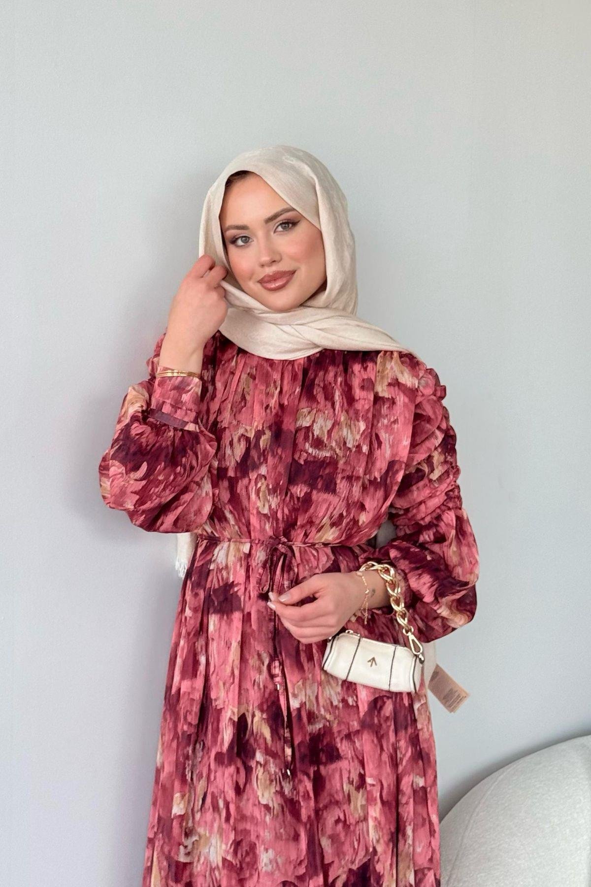 Aheste Desenli Elbise Bordo, Fiyatları Aheste Desenli Elbise Bordo- Haza Moda 