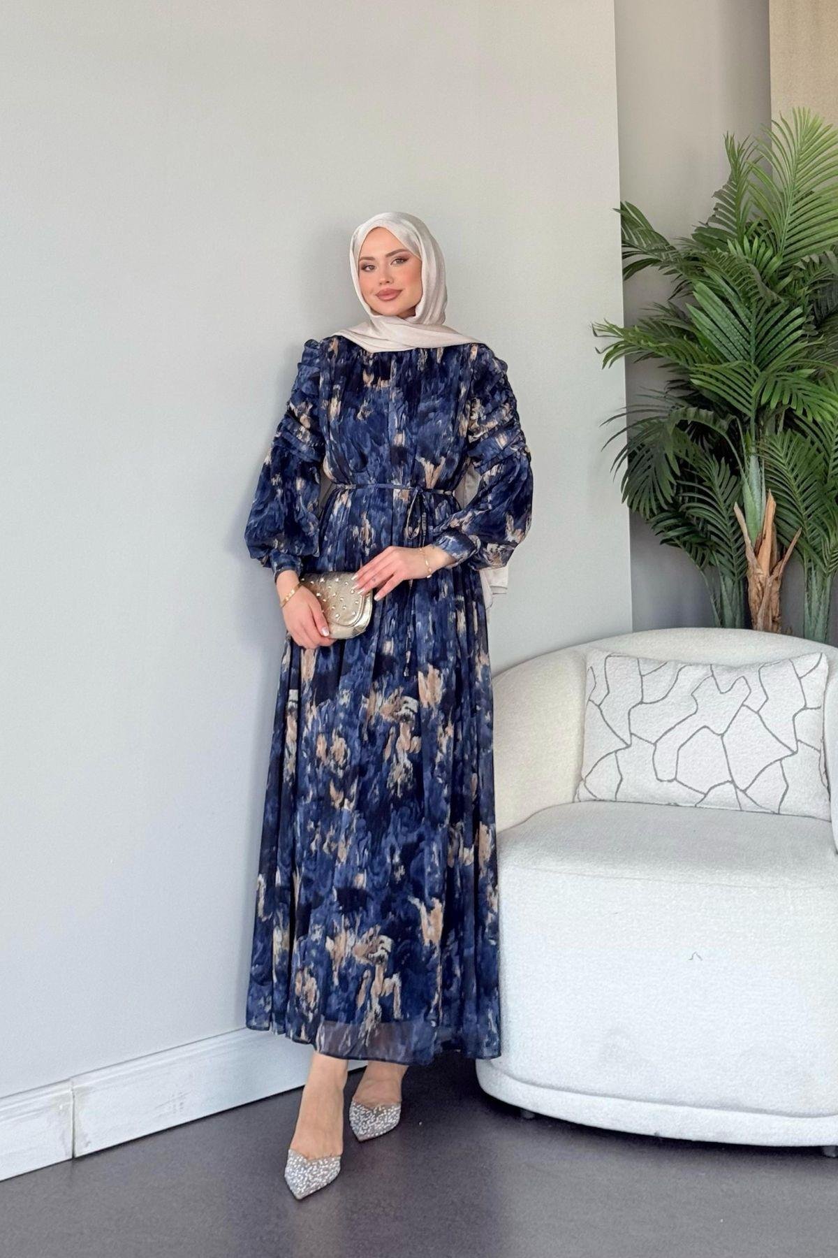 Aheste Desenli Elbise Lacivert, Fiyatları Aheste Desenli Elbise Lacivert- Haza Moda 