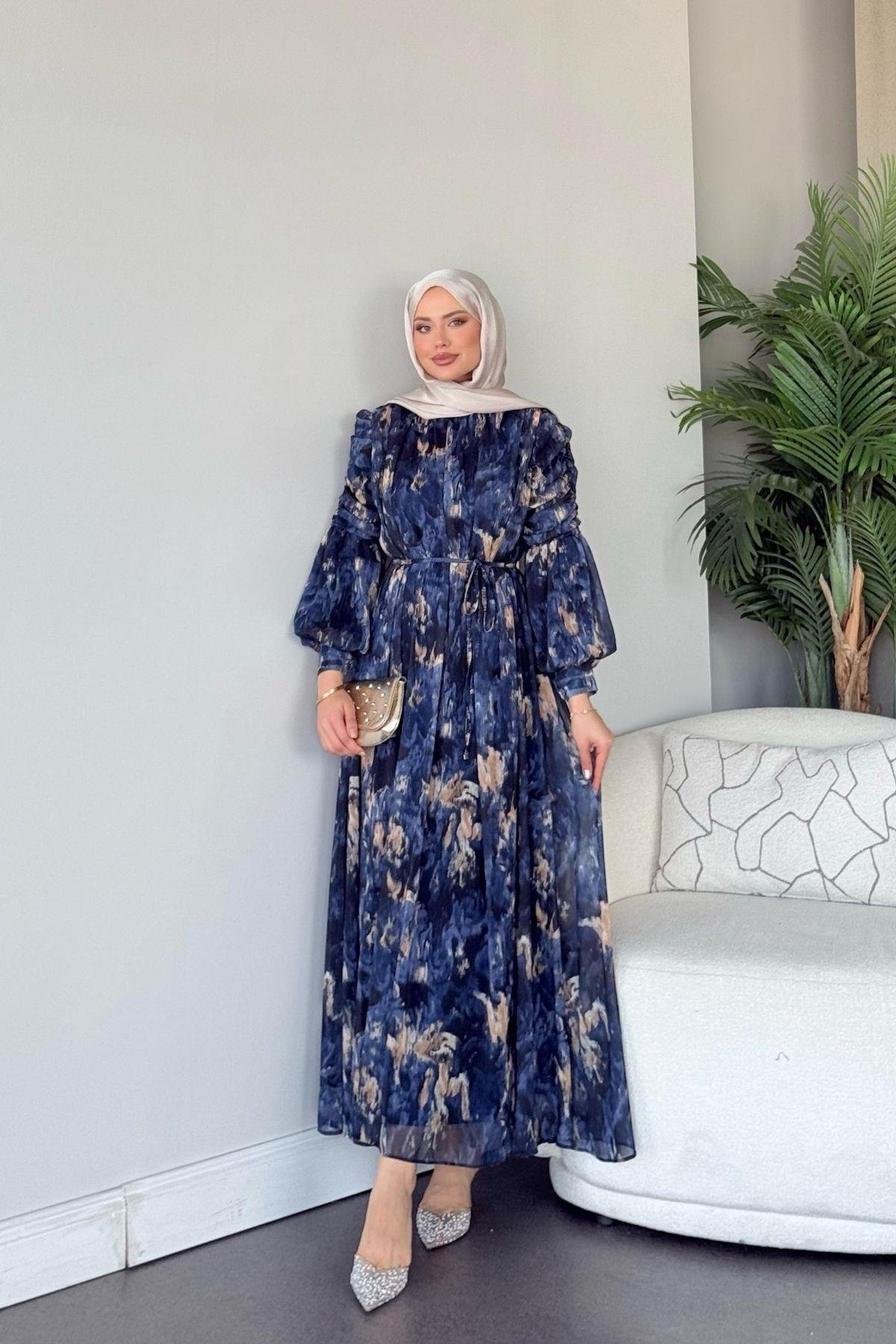 Aheste Desenli Elbise Lacivert, Fiyatları Aheste Desenli Elbise Lacivert- Haza Moda 