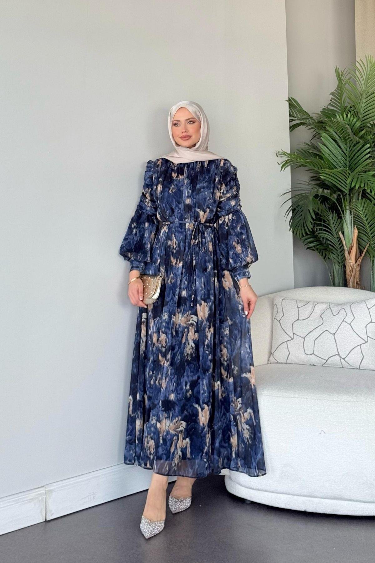 Aheste Desenli Elbise Lacivert, Fiyatları Aheste Desenli Elbise Lacivert- Haza Moda 