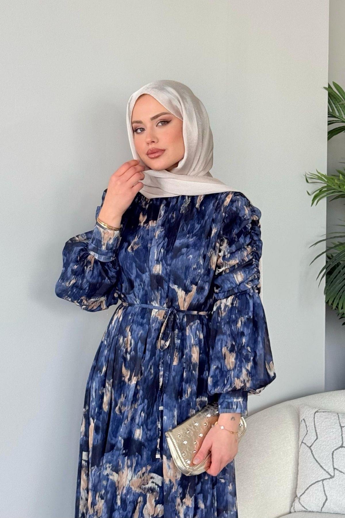 Aheste Desenli Elbise Lacivert, Fiyatları Aheste Desenli Elbise Lacivert- Haza Moda 