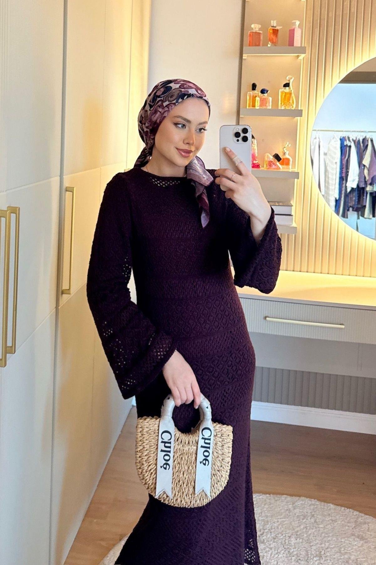 Ajur Örme Elbise Bordo, Fiyatları 