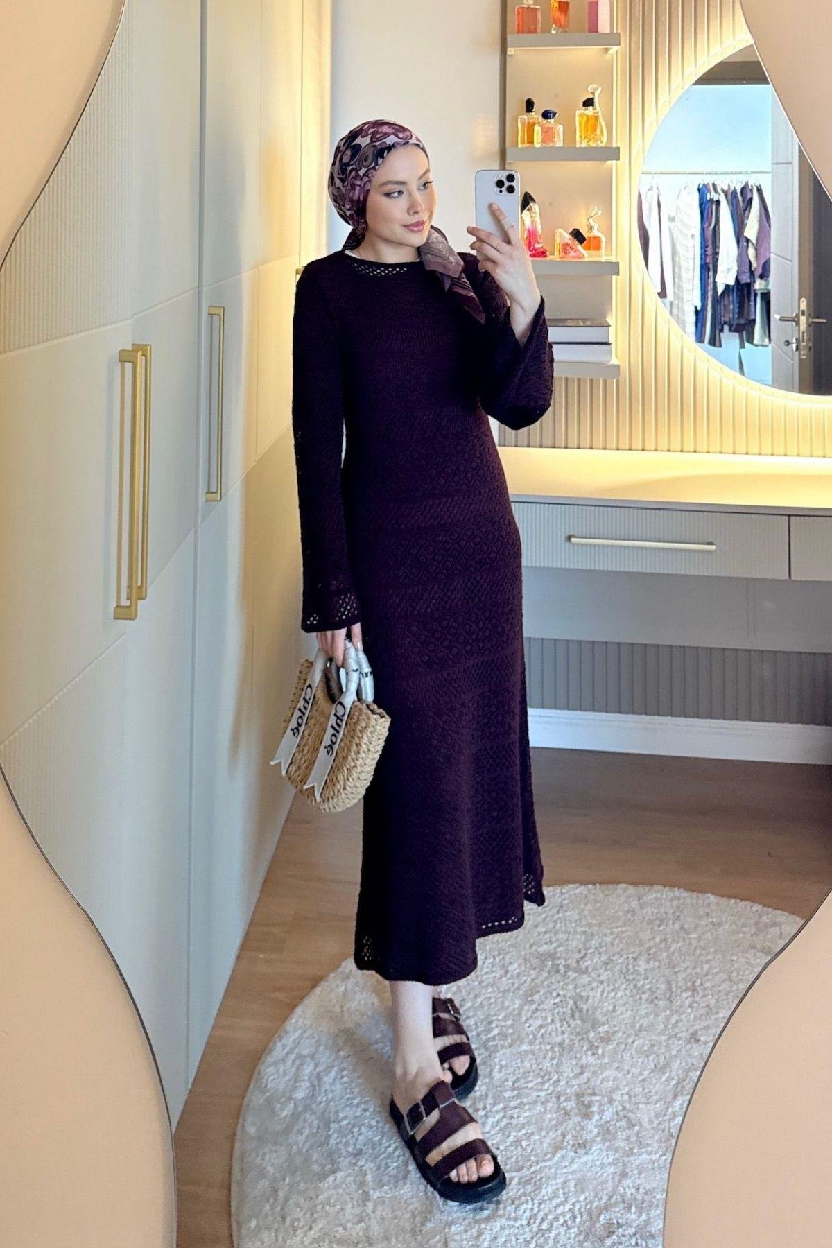 Ajur Örme Elbise Bordo, Fiyatları 