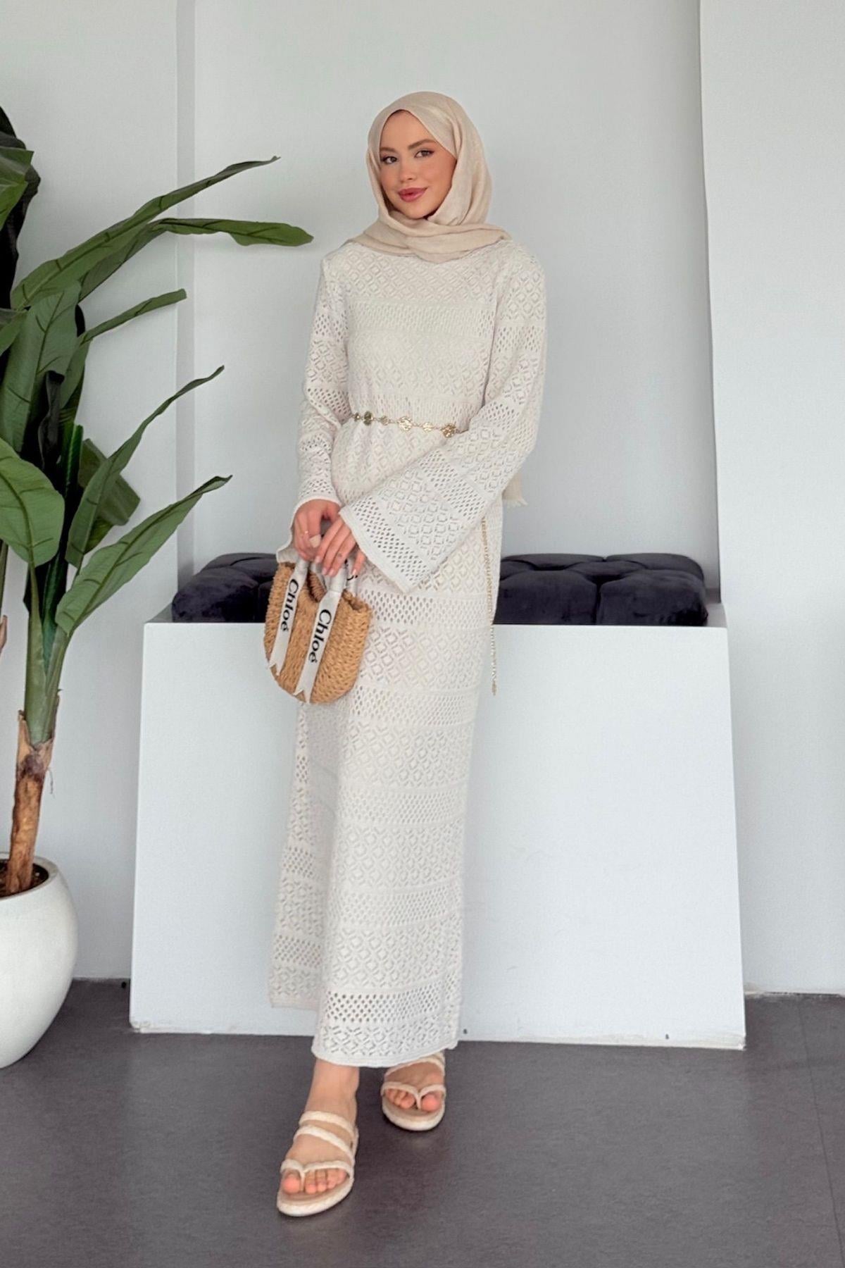 Ajur Örme Elbise Krem, Fiyatları 