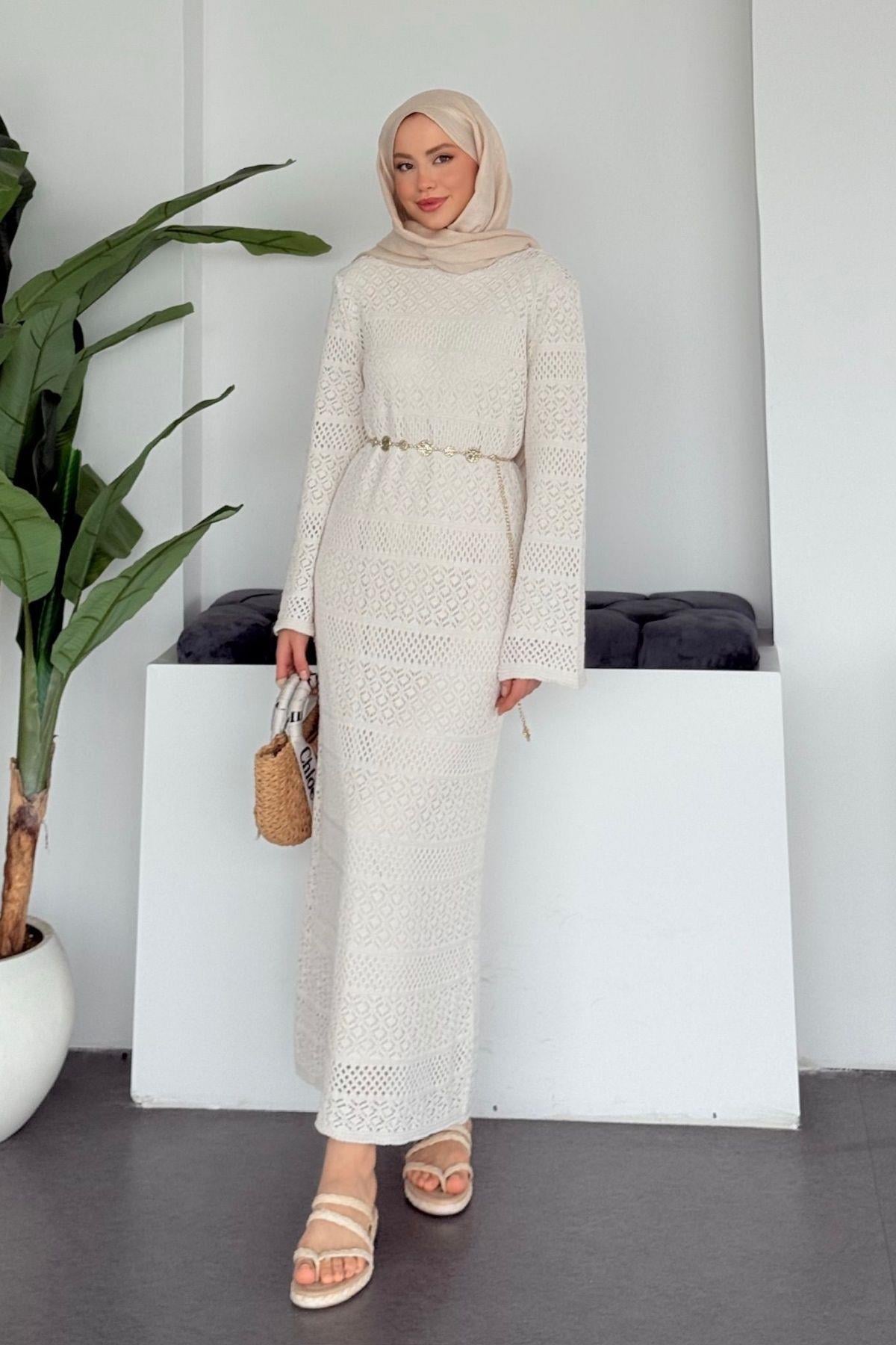 Ajur Örme Elbise Krem, Fiyatları 