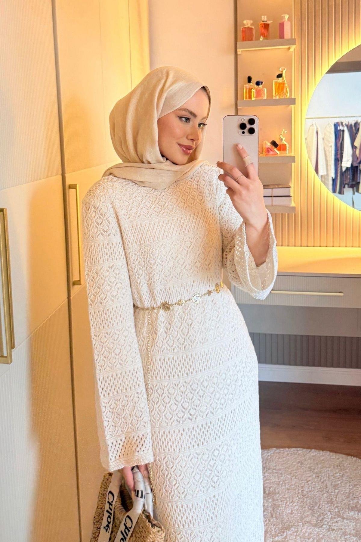 Ajur Örme Elbise Krem, Fiyatları 